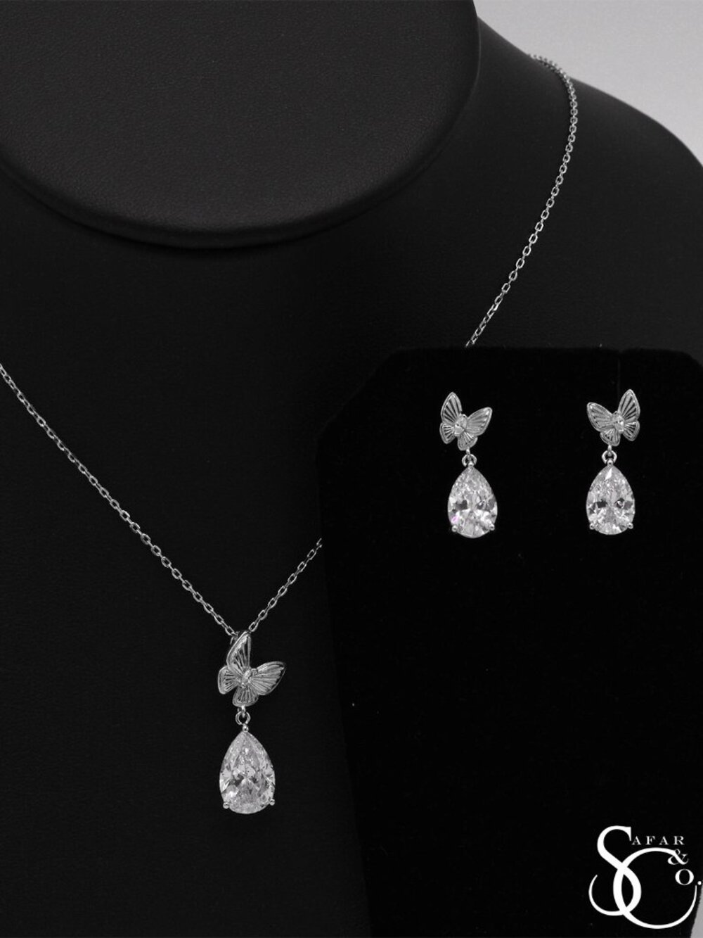 925 Sterling Silver Butterfly Pear Stone Shaped Necklace and Earrings Set